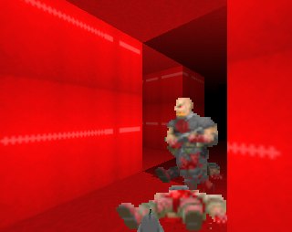 A shotgun guy approaches in a red maze