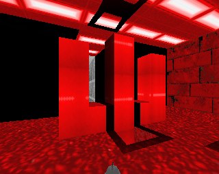 A red room with a weird structure in the centre