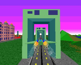 Player's ship approaching a line of tall green bridge-like buildings
