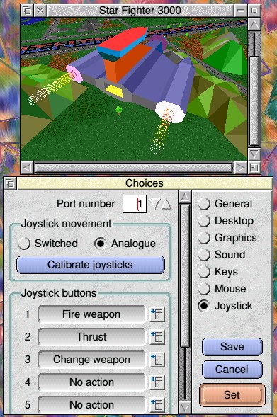 Screenshot of version 3.13 of Star Fighter 3000 on the RISC OS desktop