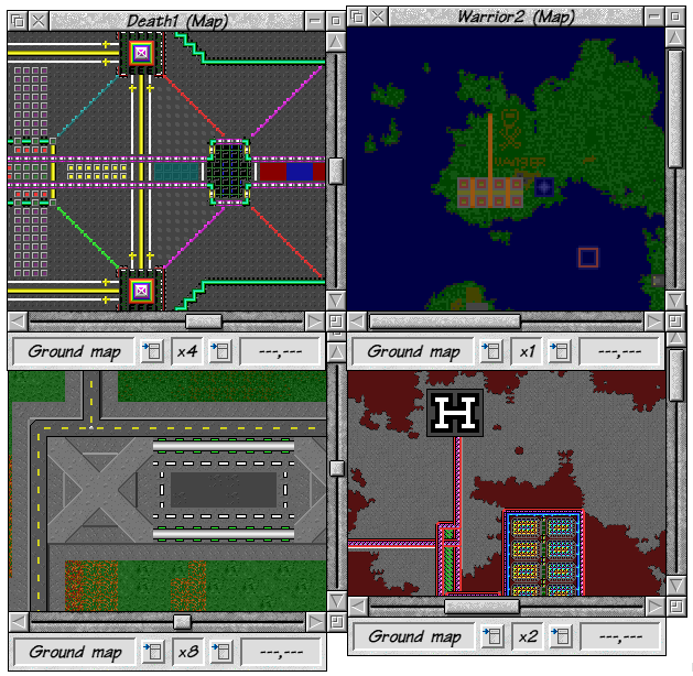 Work-in-progress screenshot of SFeditor, showing several maps at different zoom factors