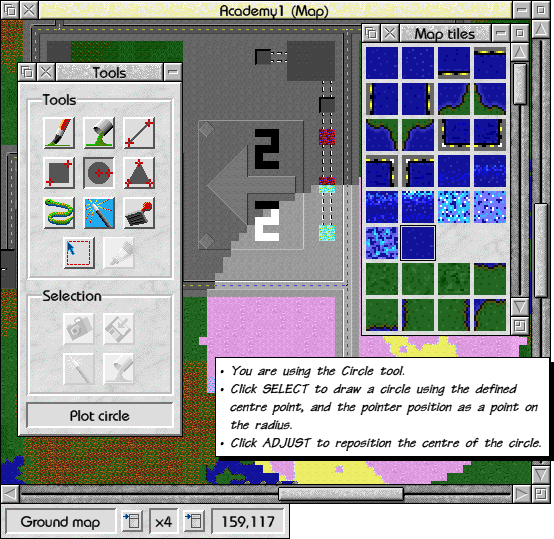Work-in-progress screenshot of SFeditor, showing the circle tool and map tiles palette.