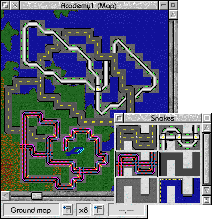 Work-in-progress screenshot of SFeditor, showing the snakes palette and some roadways/pipelines drawn using the snakes tool.