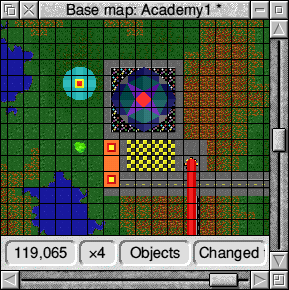 Screenshot of SFeditor's objects mode, showing a dome, tower, tree, S.A.M. base and pipeline