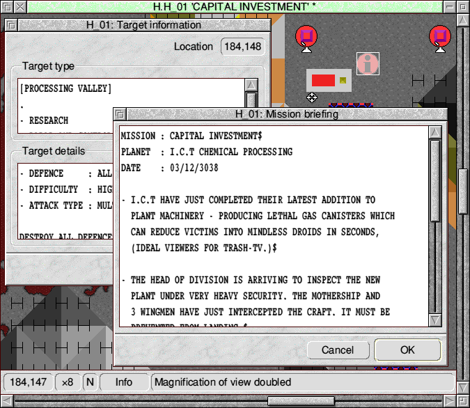 Screenshot of SFeditor's info mode, showing target information and mission briefing dialogue boxes